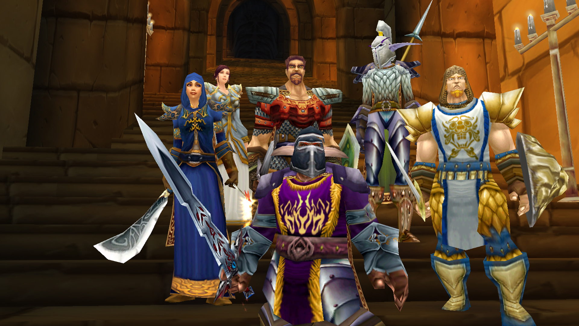 A group of characters in colorful armor stands on a stone staircase in a scene from the game 'World of Warcraft'.