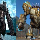 An image of an armored knight wielding giant arm cannons stands next to a minotaur riding in a heavily armed combat mech
