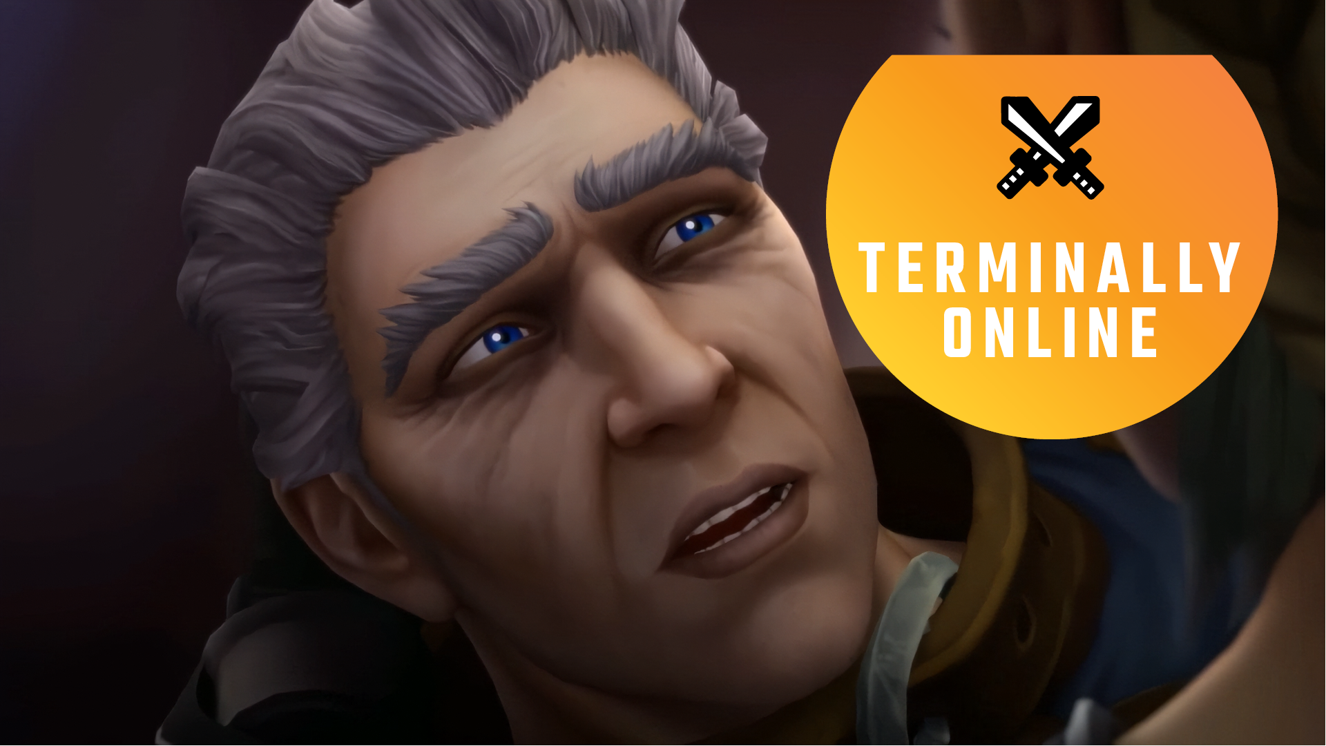 Khadgar from World of Warcraft looks, aged and wounded, up at his savior.